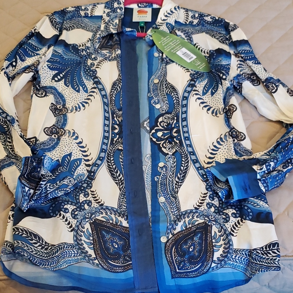 Farm Rio Blue Tile Long Sleeves Silk Shirt